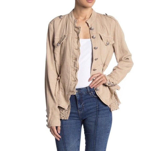 HP! 🎉 Free People ‘Emilia’ Linen Blend Ruffle Military Jacket in Khaki Mimosa - Picture 1 of 7